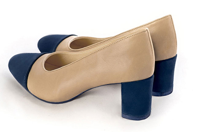Navy blue and tan beige women's dress pumps, with a round neckline. Round toe. Medium block heels. Rear view - Florence KOOIJMAN